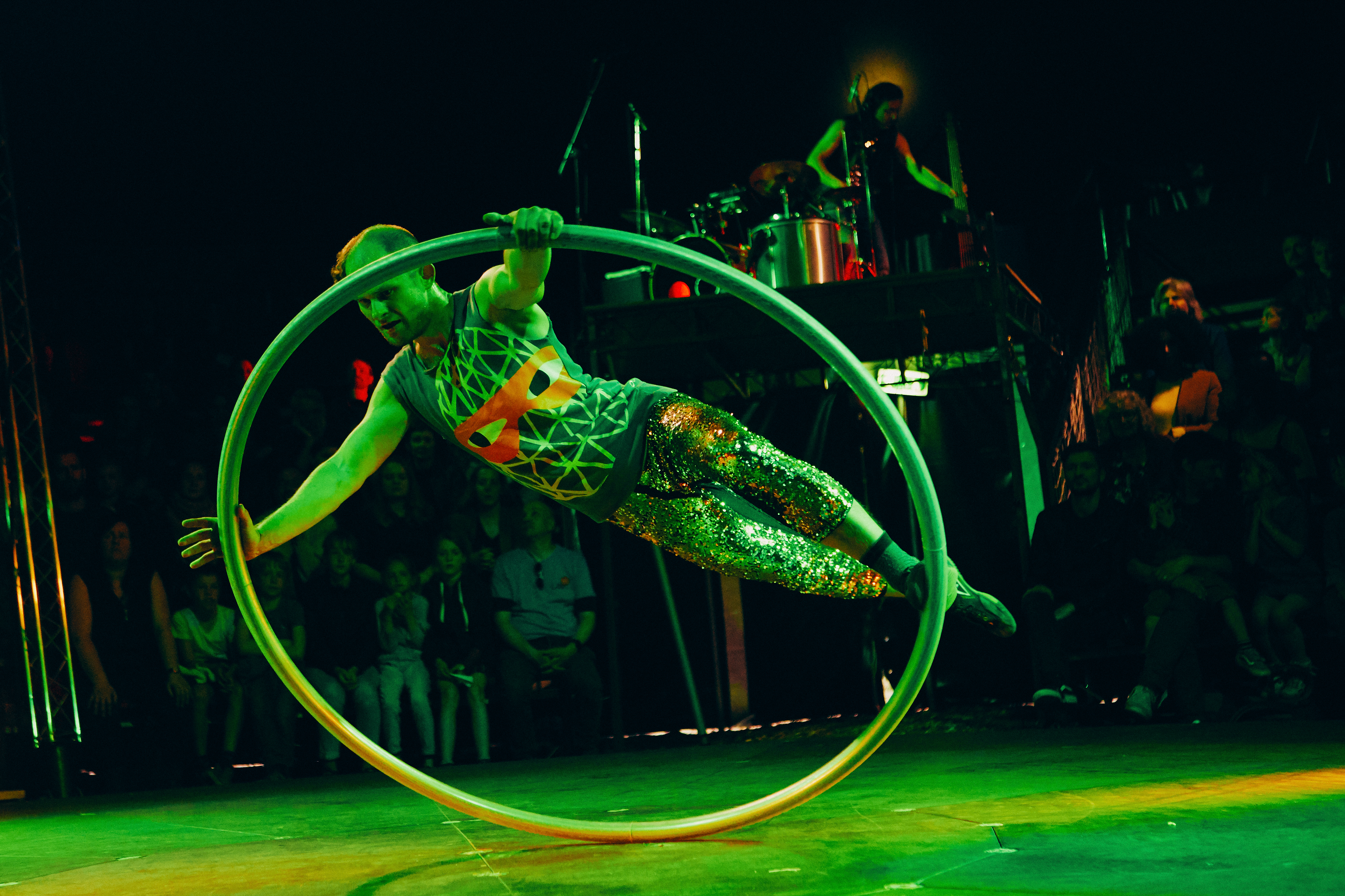 High resolution photo of an acrobat in a wheel