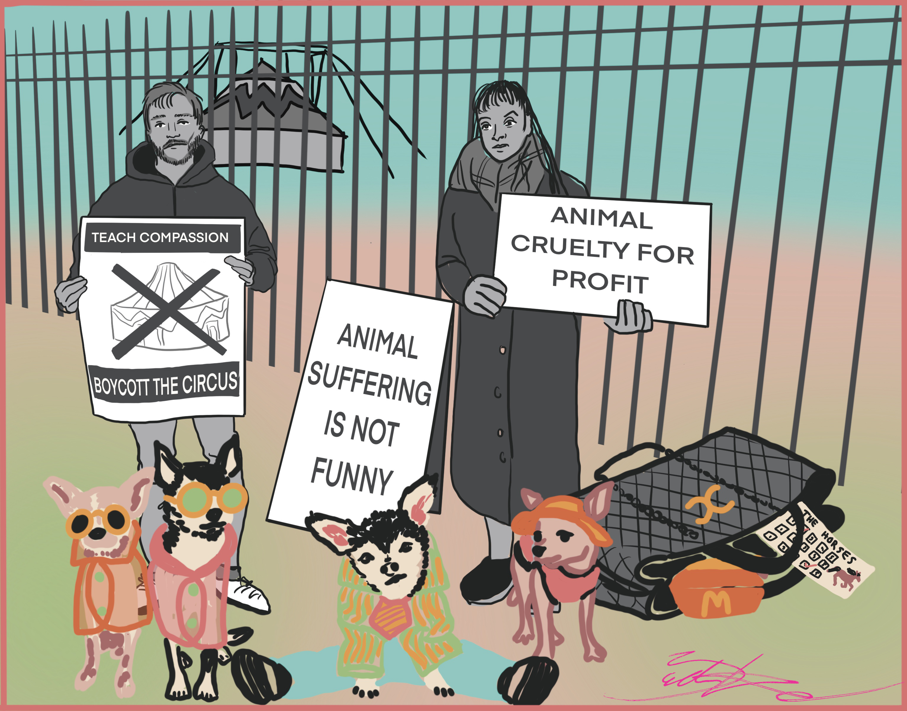 In the sixth illustration of the It’s not a game -series, there is a circus tent behind barriers. In front of the barriers two persors are manifesting against the circus with banners saying ”teach compassion, boycott the circus” and ”animal cruelty for profit” and ”animal suffering is not funny”. In the foreground, you can see 4 small dogs dressed in human clothing and sunglasses, a leather luxury brand bag, a gambling ticket for the horse race, and a fast food box.